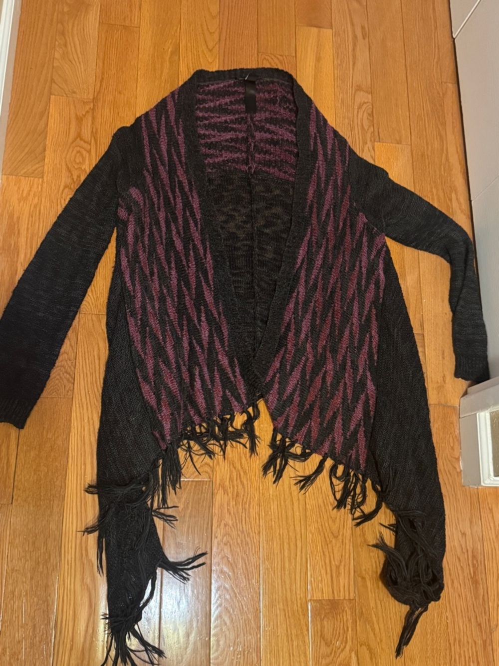 Forever 21 Black and Plum Open-Front Fringe Cardigan